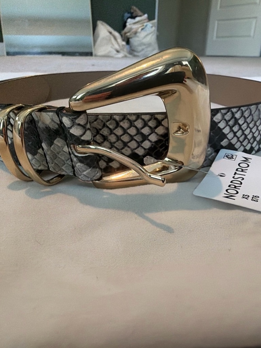 B-Low The Belt Snake-Print Belt with Gold Buckle - White/Gray